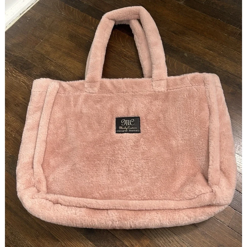Women's Minky Coutour Pink Plush Soft Annie Tote Bag Washable Zip Picket Inside